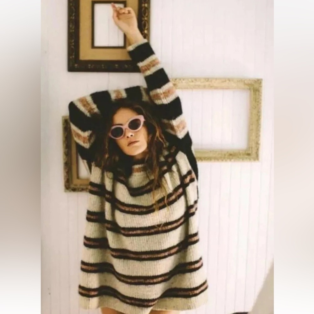 Free People Sid Striped Tunic Sweater Black Brown Cream Medium